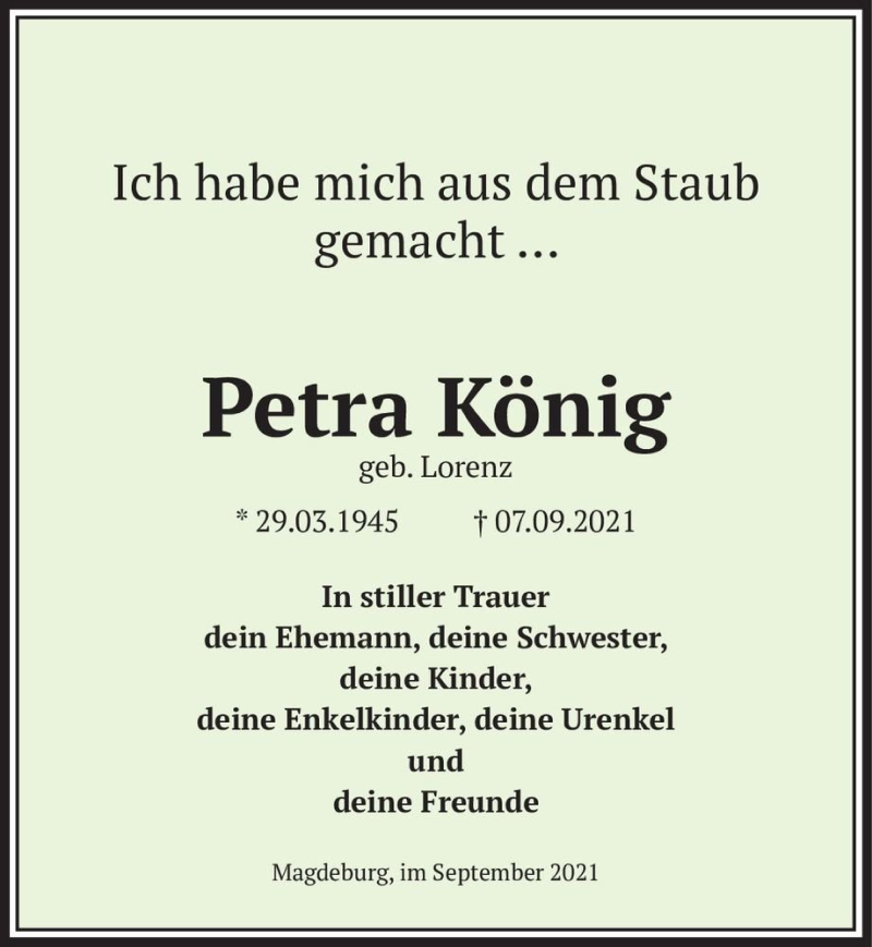  Traueranzeige für Petra König (geb. Lorenz)  vom 18.09.2021 aus Magdeburger Volksstimme