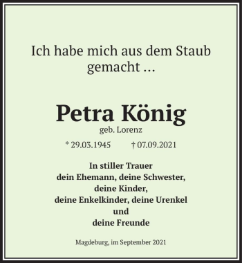 Traueranzeige von Petra König (geb. Lorenz)  von Magdeburger Volksstimme