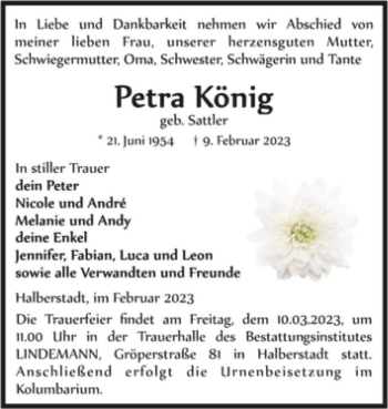 Traueranzeige von Petra König (geb. Sattler)  von Magdeburger Volksstimme