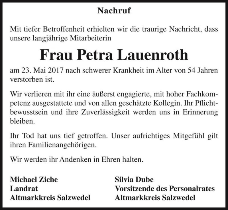  Traueranzeige für Petra Lauenroth  vom 03.06.2017 aus Magdeburger Volksstimme