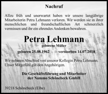 Traueranzeige von Petra Lehmann (geb. Müller)  von Magdeburger Volksstimme