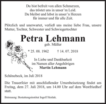 Traueranzeige von Petra Lehmann (geb. Müller)  von Magdeburger Volksstimme