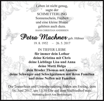Traueranzeige von Petra Machner (geb. Hübner)  von Magdeburger Volksstimme