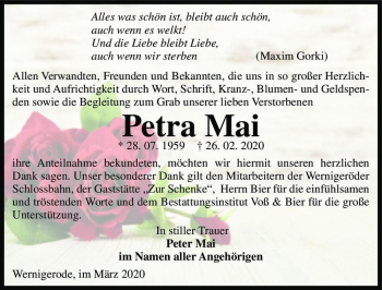 Traueranzeige von Petra Mai  von Magdeburger Volksstimme