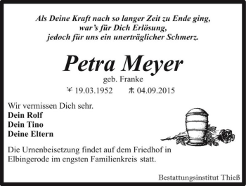 Traueranzeige von Petra Meyer (geb. Franke)  von Magdeburger Volksstimme