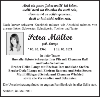 Traueranzeige von Petra Müller (geb. Lange)  von Magdeburger Volksstimme
