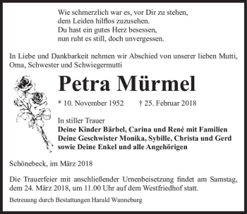 Traueranzeige von Petra Mürmel  von Magdeburger Volksstimme