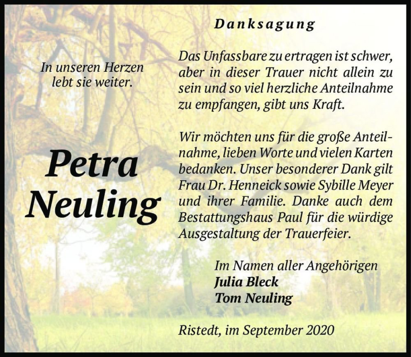  Traueranzeige für Petra Neuling  vom 09.09.2020 aus Magdeburger Volksstimme