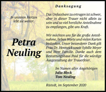 Traueranzeige von Petra Neuling  von Magdeburger Volksstimme