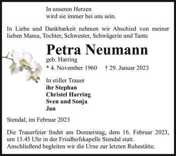 Traueranzeige von Petra Neumann (geb. Harring)  von Magdeburger Volksstimme