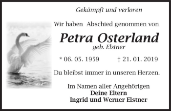 Traueranzeige von Petra Osterland (geb. Elstner)  von Magdeburger Volksstimme