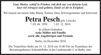 Traueranzeige von Petra Pesch (geb. Lösecke)  von Magdeburger Volksstimme