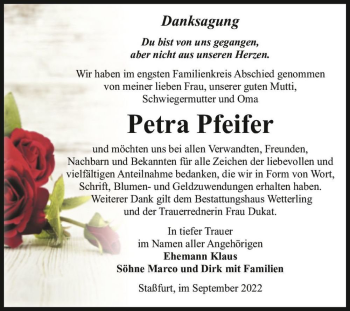 Traueranzeige von Petra Pfeifer  von Magdeburger Volksstimme