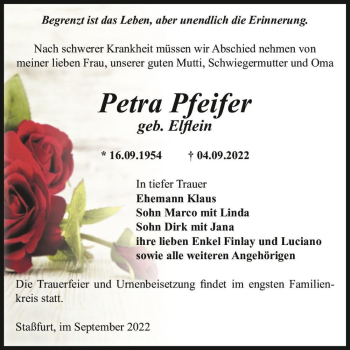 Traueranzeige von Petra Pfeifer (geb. Elflein)  von Magdeburger Volksstimme