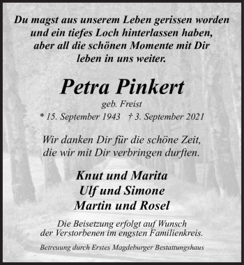 Traueranzeige von Petra Pinkert (geb. Freist)  von Magdeburger Volksstimme