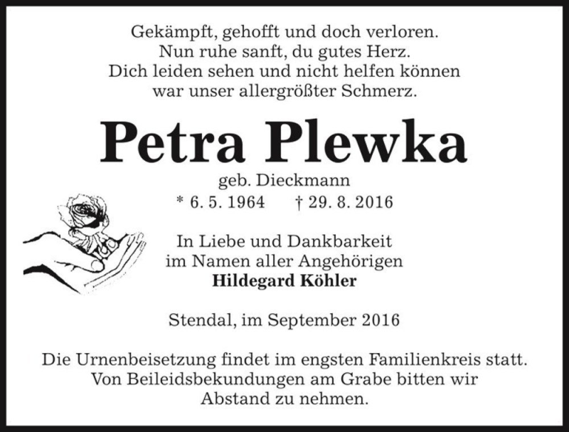  Traueranzeige für Petra Plewka (geb. Dieckmann)  vom 01.09.2016 aus Magdeburger Volksstimme