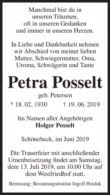 Traueranzeige von Petra Posselt (geb. Petersen)  von Magdeburger Volksstimme
