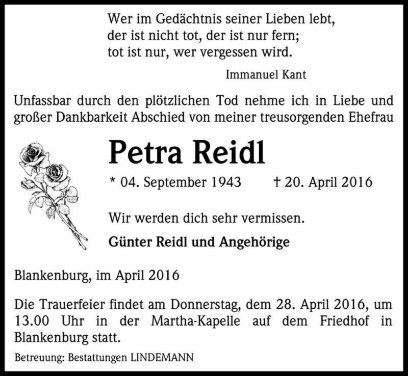 Traueranzeige für Petra Reidl  vom 26.04.2016 aus Magdeburger Volksstimme