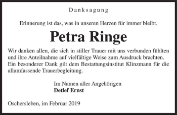 Traueranzeige von Petra Ringe  von Magdeburger Volksstimme