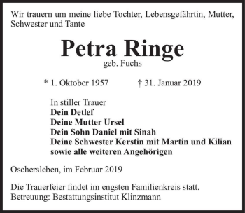 Traueranzeige von Petra Ringe (geb. Fuchs)  von Magdeburger Volksstimme