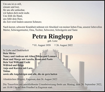 Traueranzeige von Petra Ringlepp (geb. Lenz)  von Magdeburger Volksstimme