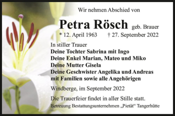 Traueranzeige von Petra Rösch (geb. Brauer)  von Magdeburger Volksstimme