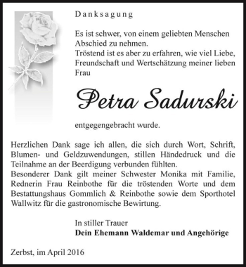 Traueranzeige von Petra Sadurski  von Magdeburger Volksstimme