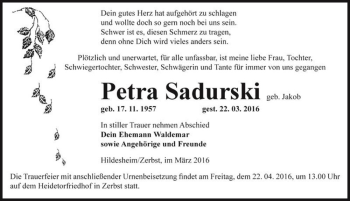 Traueranzeige von Petra Sadurski (geb. Jakob)  von Magdeburger Volksstimme