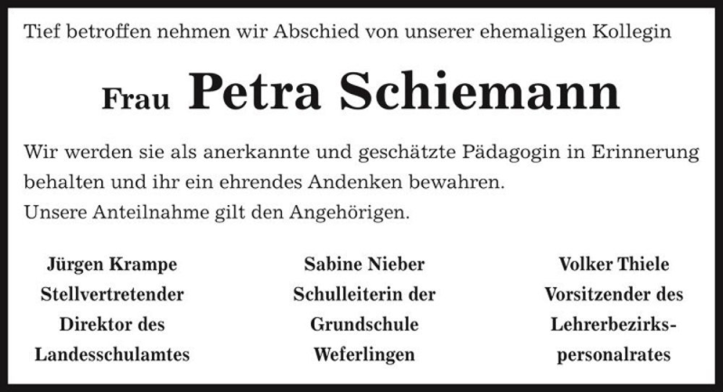  Traueranzeige für Petra Schiemann  vom 11.10.2017 aus Magdeburger Volksstimme