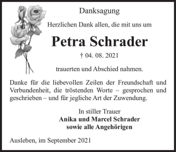 Traueranzeige von Petra Schrader  von Magdeburger Volksstimme