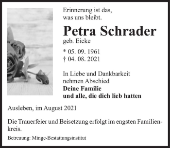 Traueranzeige von Petra Schrader (geb. Eicke)  von Magdeburger Volksstimme