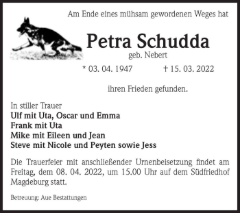Traueranzeige von Petra Schudda (geb. Nebert)  von Magdeburger Volksstimme