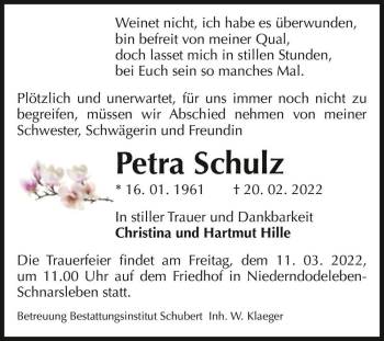 Traueranzeige von Petra Schulz  von Magdeburger Volksstimme