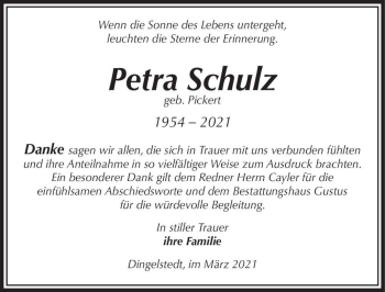 Traueranzeige von Petra Schulz (geb. Pickert)  von Magdeburger Volksstimme