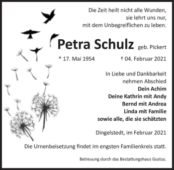 Traueranzeige von Petra Schulz (geb. Pickert)  von Magdeburger Volksstimme