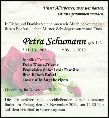 Traueranzeige von Petra Schumann (geb. Liß)  von Magdeburger Volksstimme
