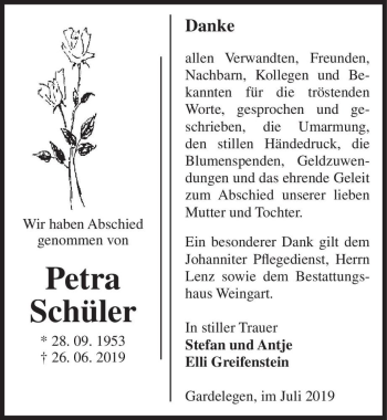 Traueranzeige von Petra Schüler  von Magdeburger Volksstimme