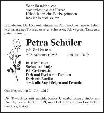 Traueranzeige von Petra Schüler (geb. Greifenstein)  von Magdeburger Volksstimme
