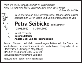Traueranzeige von Petra Seibicke (geb. Sommer)  von Magdeburger Volksstimme