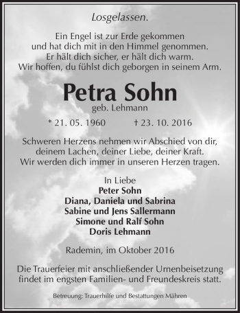Traueranzeige von Petra Sohn (geb. Lehmann)  von Magdeburger Volksstimme