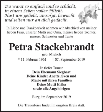 Traueranzeige von Petra Stackebrandt (geb. Mielich)  von Magdeburger Volksstimme