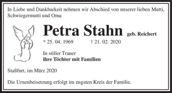 Traueranzeige von Petra Stahn (geb. Reichert)  von Magdeburger Volksstimme