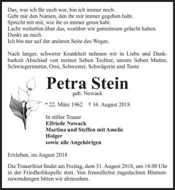 Traueranzeige von Petra Stein (geb. Nowack)  von Magdeburger Volksstimme