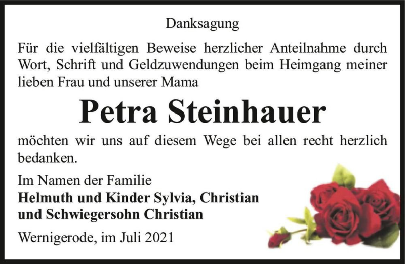 Traueranzeige für Petra Steinhauer  vom 31.07.2021 aus Magdeburger Volksstimme