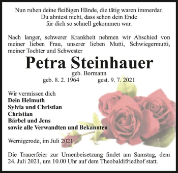 Traueranzeige von Petra Steinhauer (geb. Bormann)  von Magdeburger Volksstimme