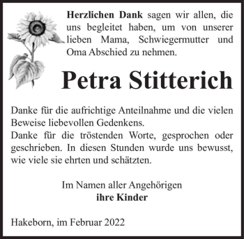 Traueranzeige von Petra Stitterich  von Magdeburger Volksstimme