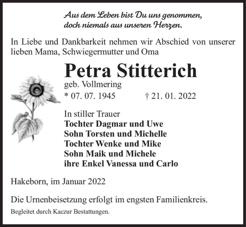  Traueranzeige für Petra Stitterich (geb. Vollmering)  vom 28.01.2022 aus Magdeburger Volksstimme