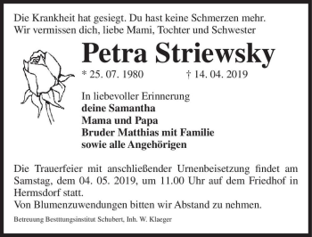 Traueranzeige von Petra Striewsky  von Magdeburger Volksstimme