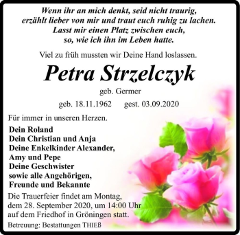 Traueranzeige von Petra Strzelczyk (geb. Germer)  von Magdeburger Volksstimme
