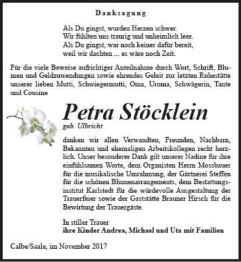 Traueranzeige von Petra Stöcklein  von Magdeburger Volksstimme